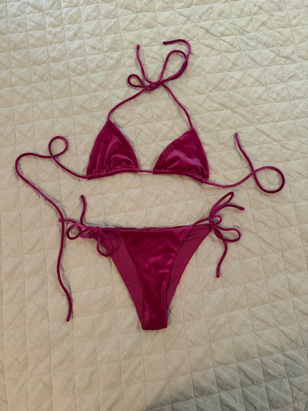 Superdown Velvet Magenta String Triangle Bikini Set